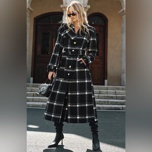 Commense Plaid Belted Wool Blend Trench Coat Black White Long Button Size medium